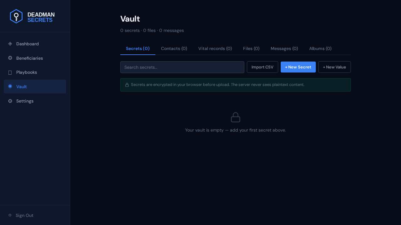 Step 1: The Vault is where every secret lives. Click “+ New Secret” to add one.