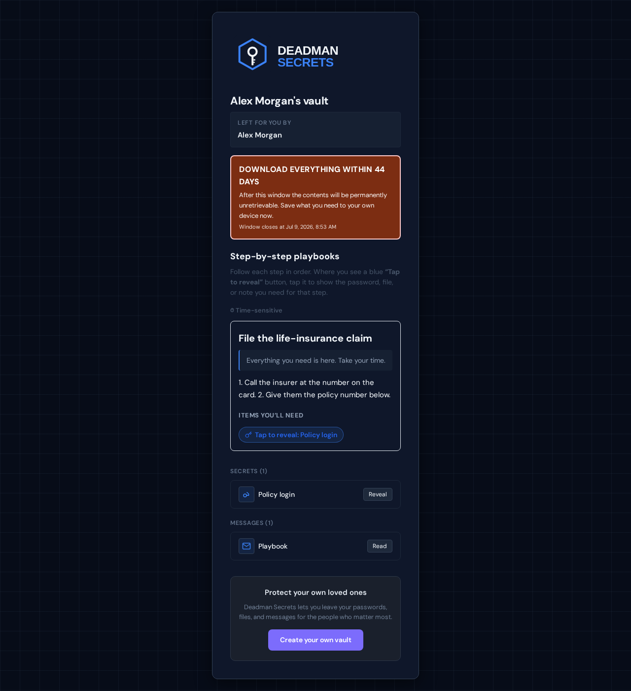 Step 2: After unlocking, the beneficiary sees your playbook: instructions plus the items they'll need.