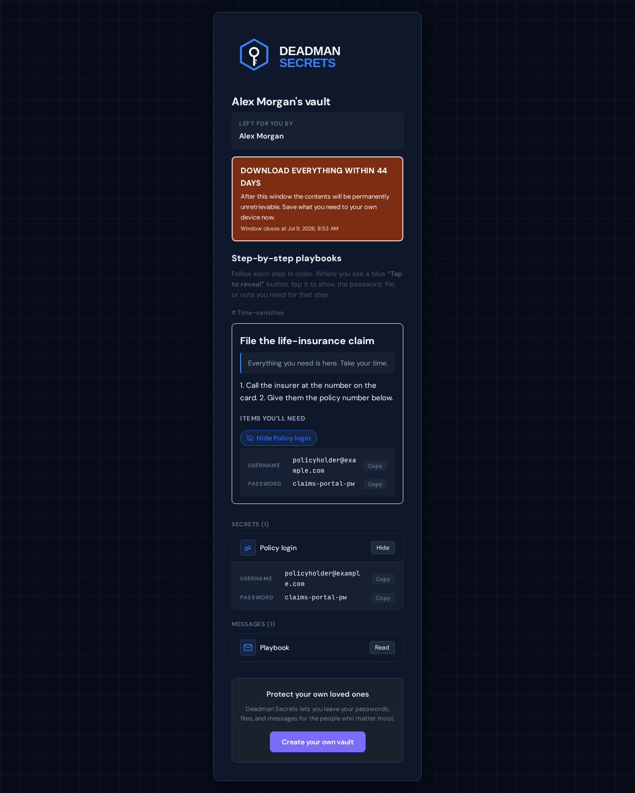 Step 3: Items reveal on tap — decrypted locally, only when the beneficiary needs them.