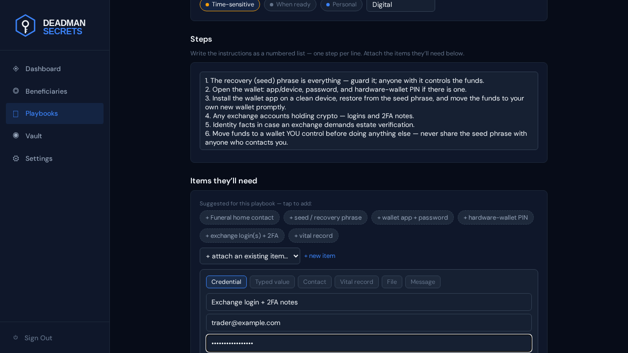 Step 4: Add a credential: a login, encrypted on your device and attached to the playbook.