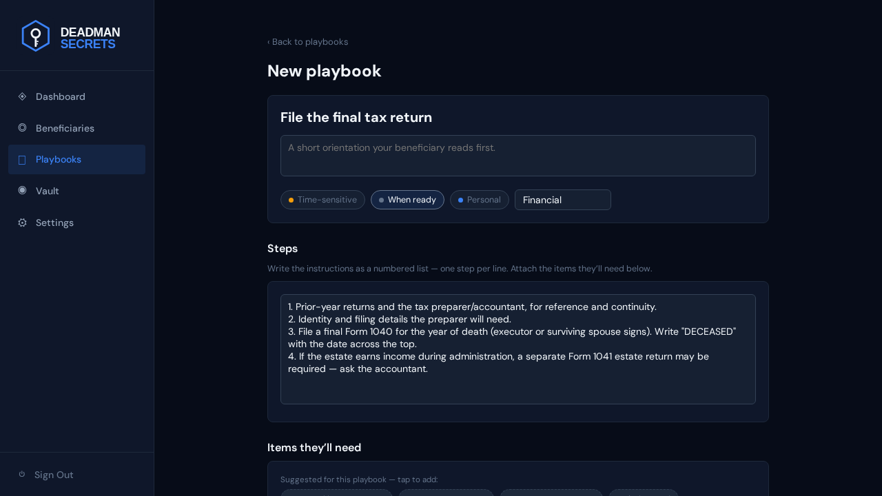 Step 1: The final-tax-return template opens pre-filled with its steps and suggested items.