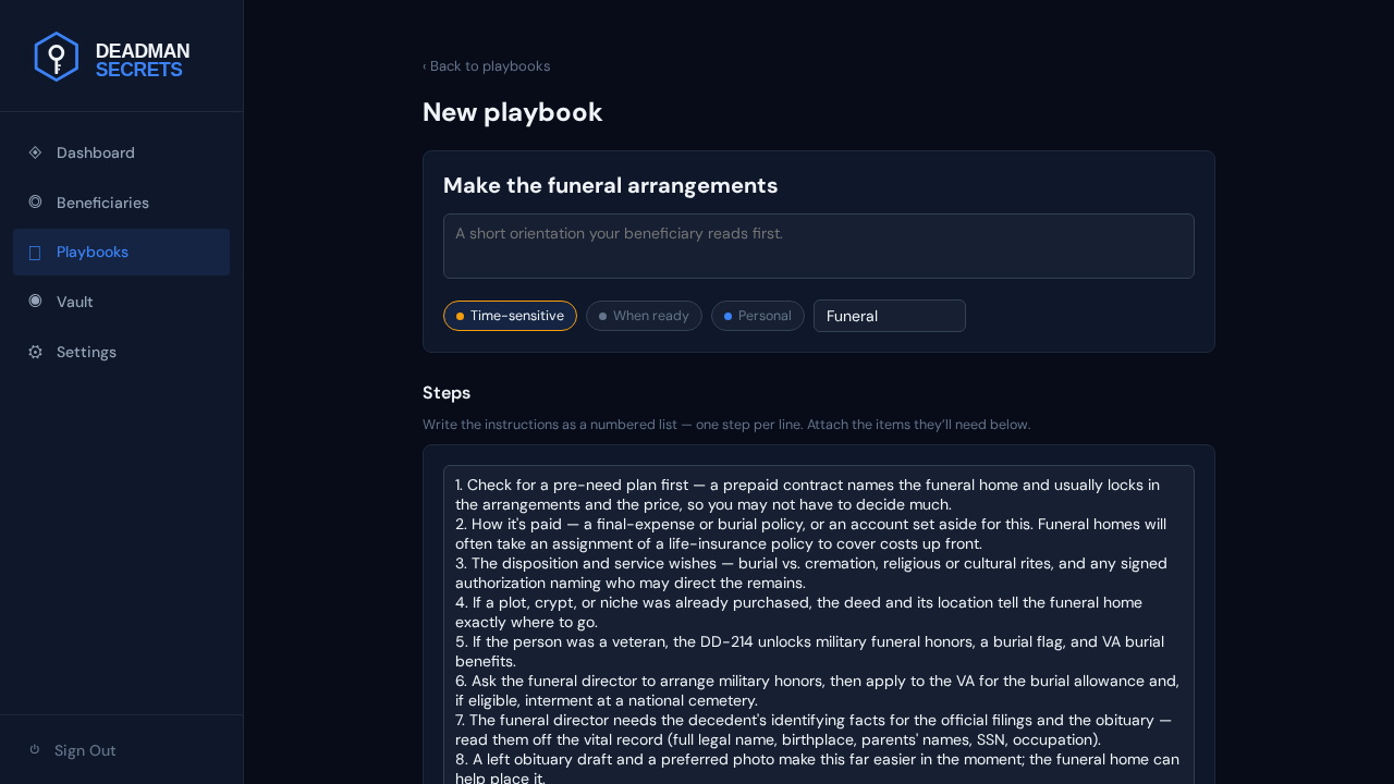 Step 1: The funeral-arrangements template opens pre-filled with its steps and suggested items.