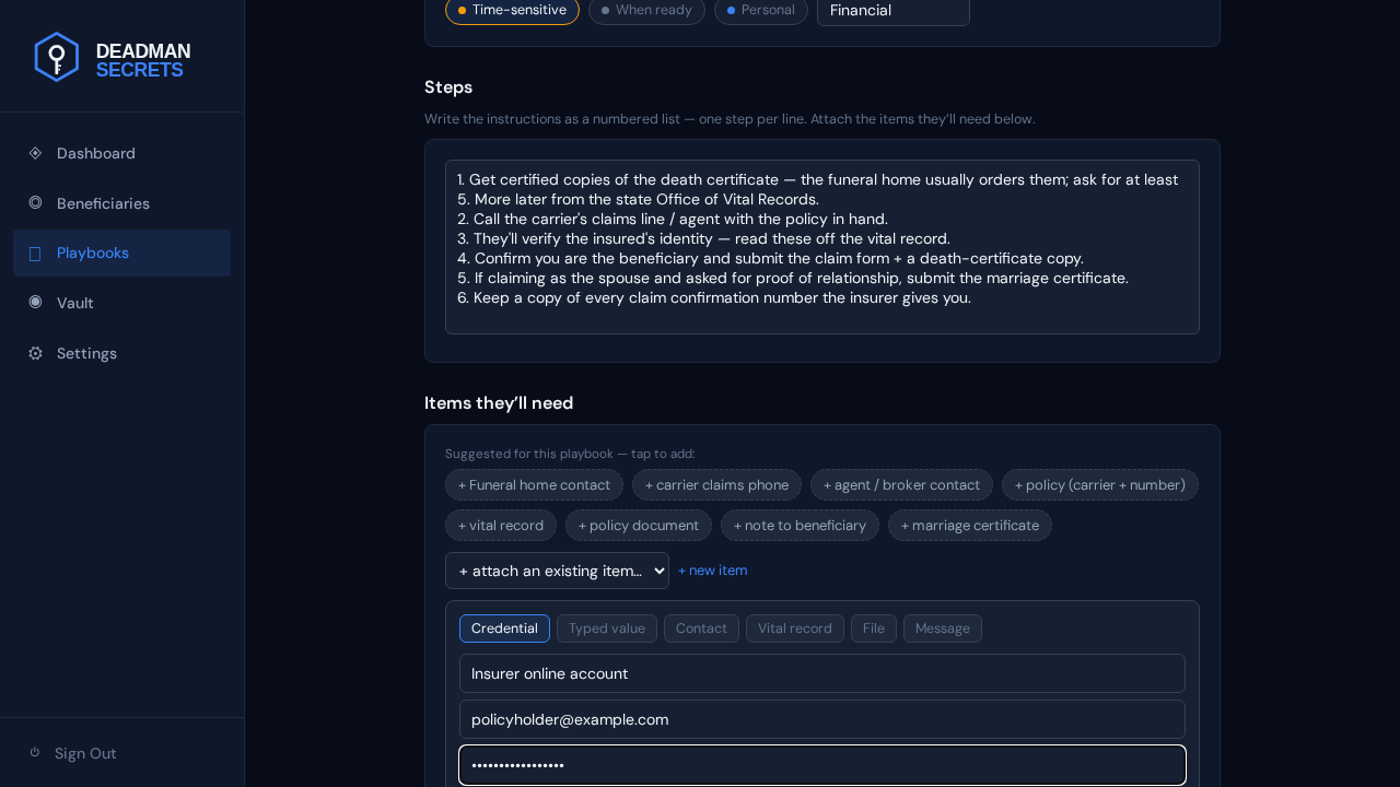 Step 4: Add a credential: a login, encrypted on your device and attached to the playbook.