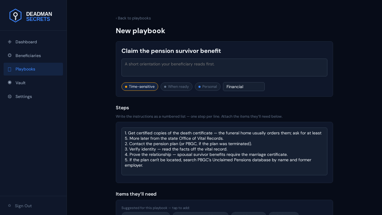 Step 1: The pension-pbgc template opens pre-filled with its steps and suggested items.