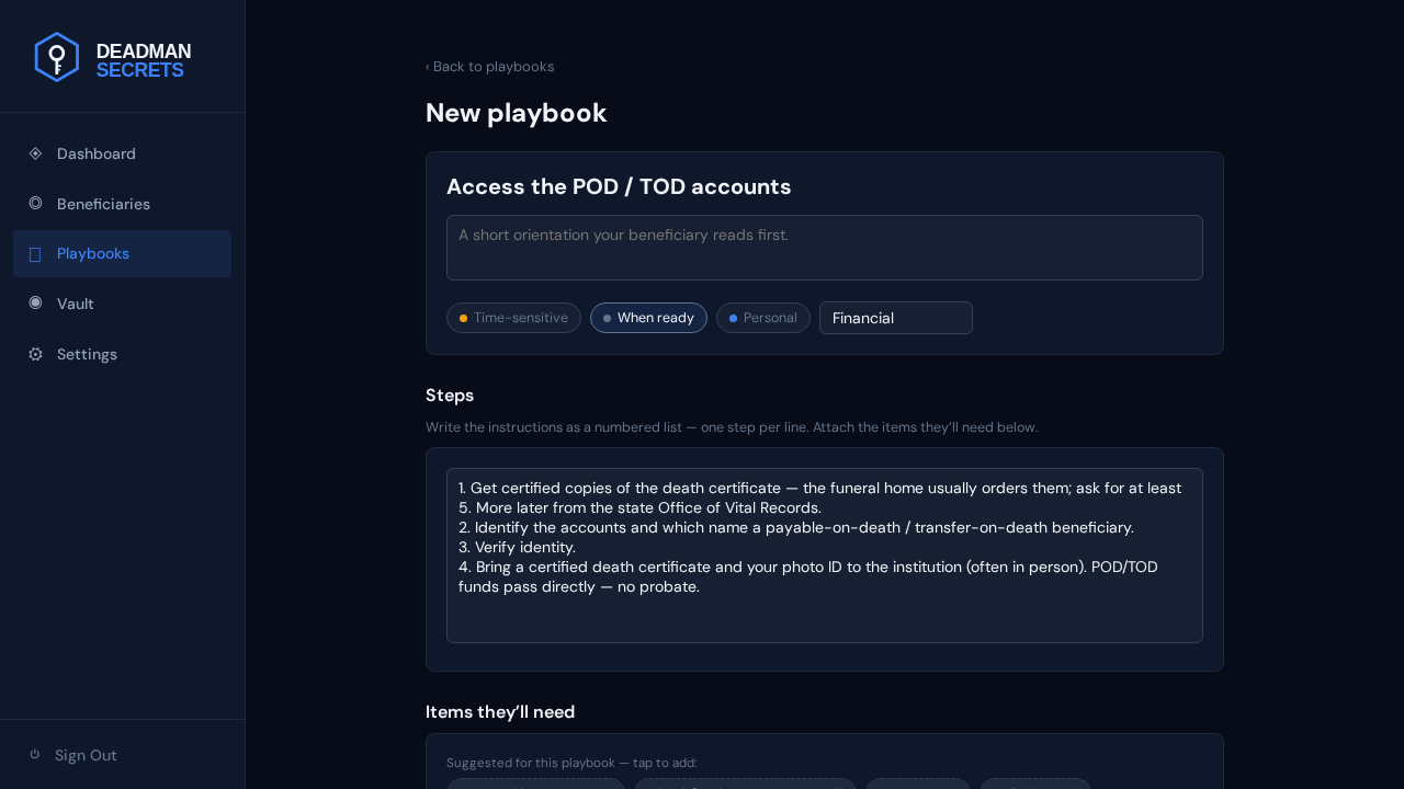Step 1: The pod-tod-accounts template opens pre-filled with its steps and suggested items.