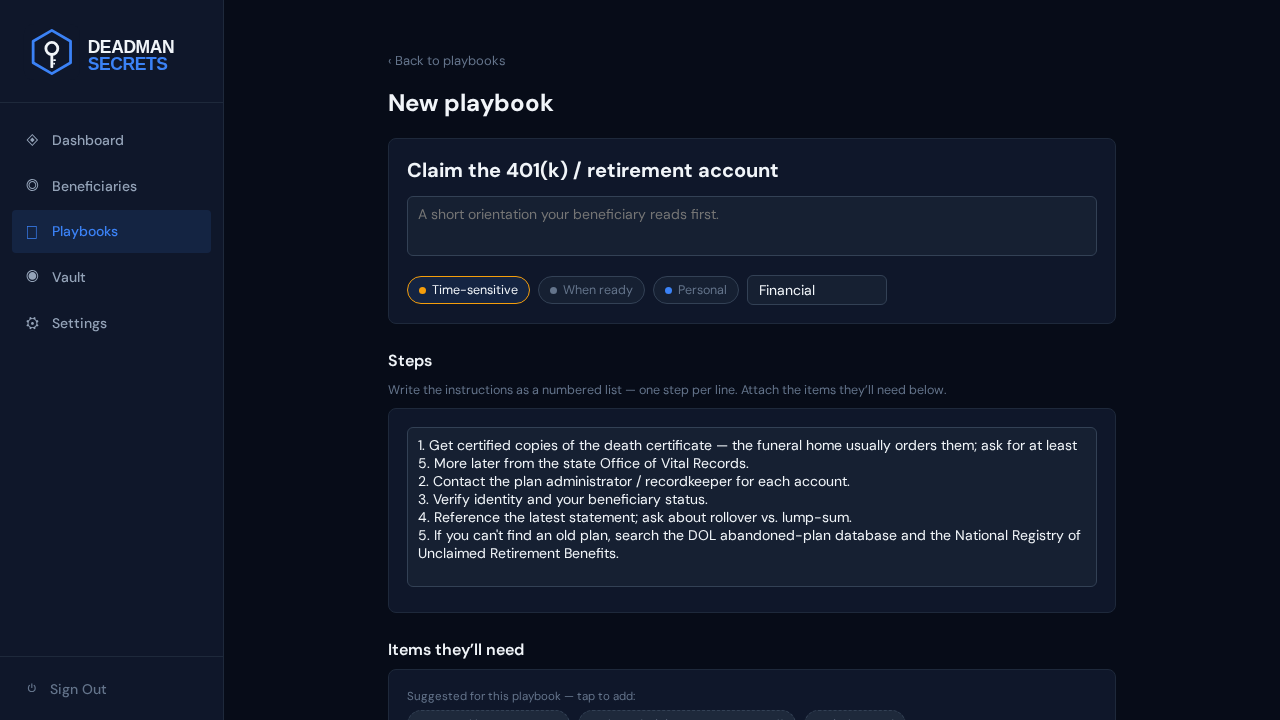 Step 1: The retirement-401k template opens pre-filled with its steps and suggested items.