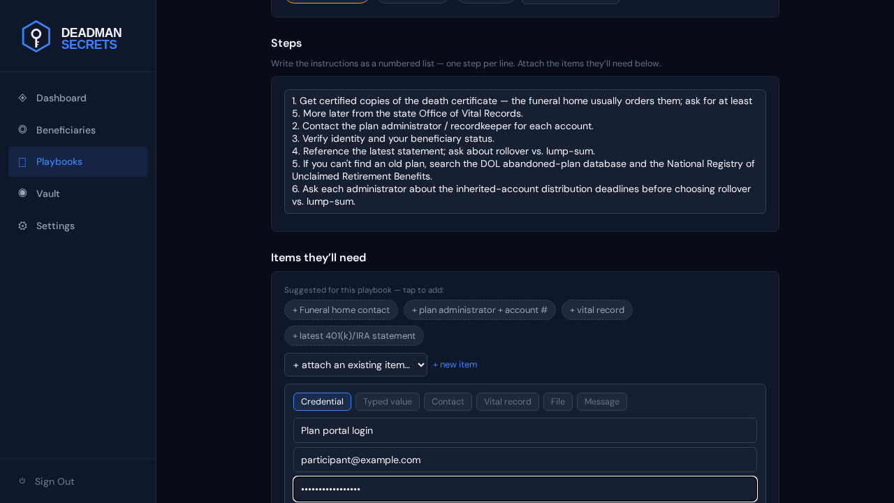 Step 4: Add a credential: a login, encrypted on your device and attached to the playbook.
