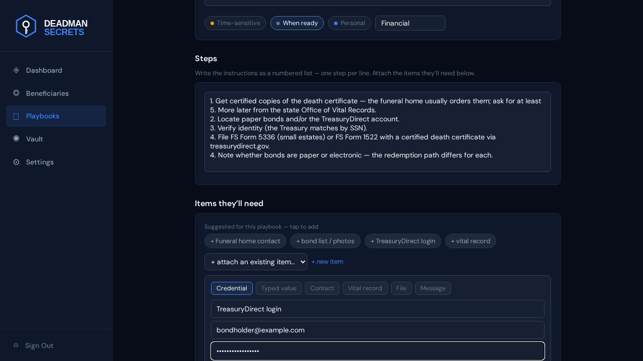 Step 4: Add a credential: a login, encrypted on your device and attached to the playbook.