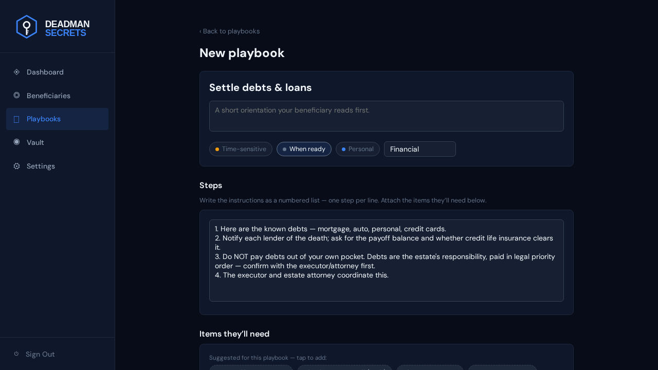 Step 1: The settle-debts template opens pre-filled with its steps and suggested items.