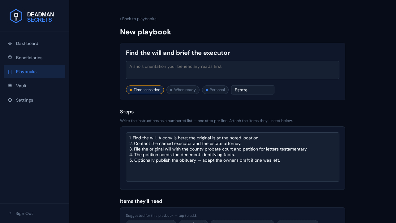 Step 1: The will-executor template opens pre-filled with its steps and suggested items.