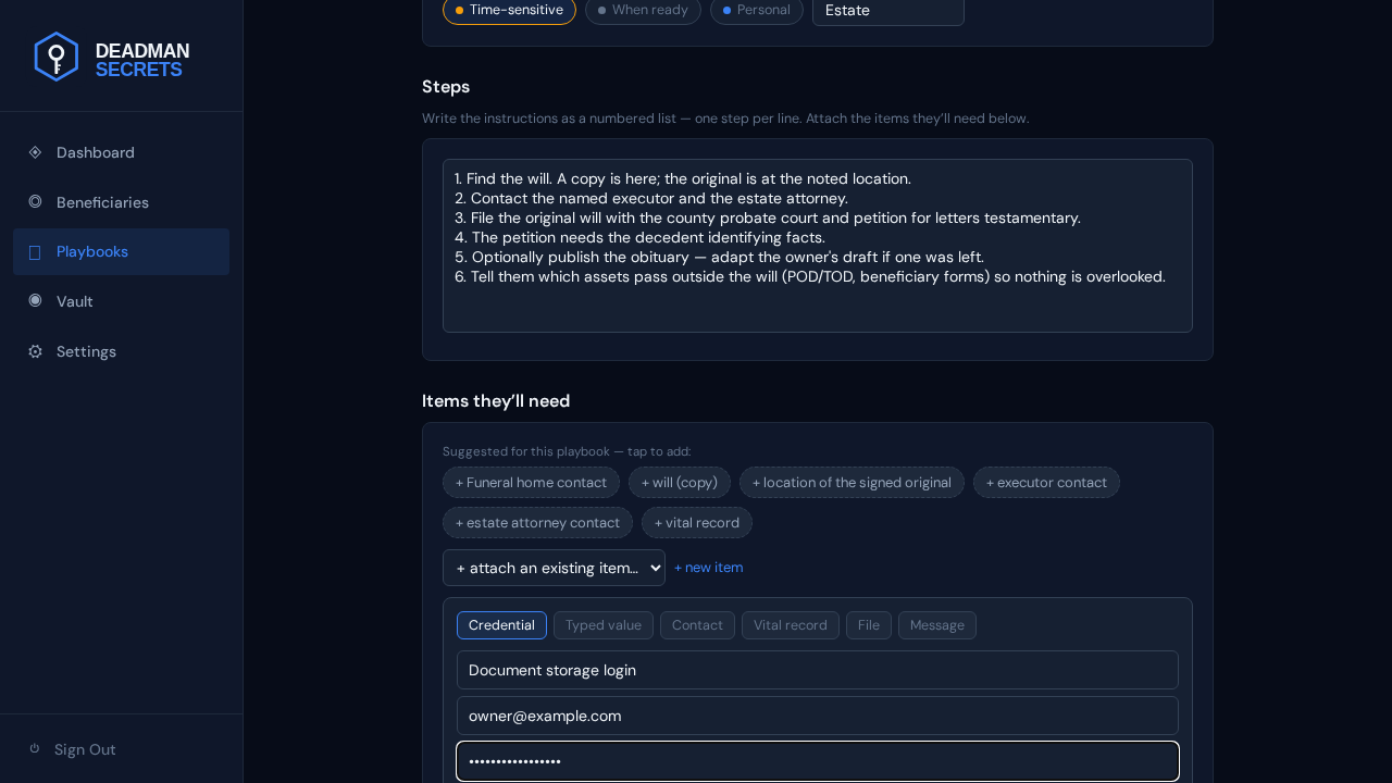Step 4: Add a credential: a login, encrypted on your device and attached to the playbook.